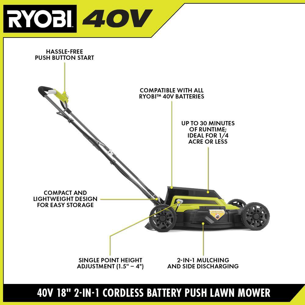 RYOBI 40-Volt 18 in. 2-in-1 Cordless Battery Walk Behind Push Lawn Mower with 6.0 Ah Battery and Charger RY401101