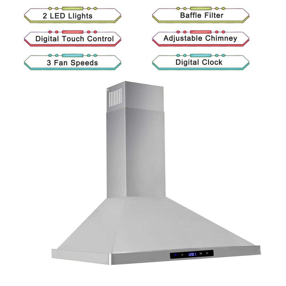 Edendirect 30 in Ducted Range Hood 700CFM Wall Mount Stainless Steel Touch Control 3speed Stove Vent with LightSilver