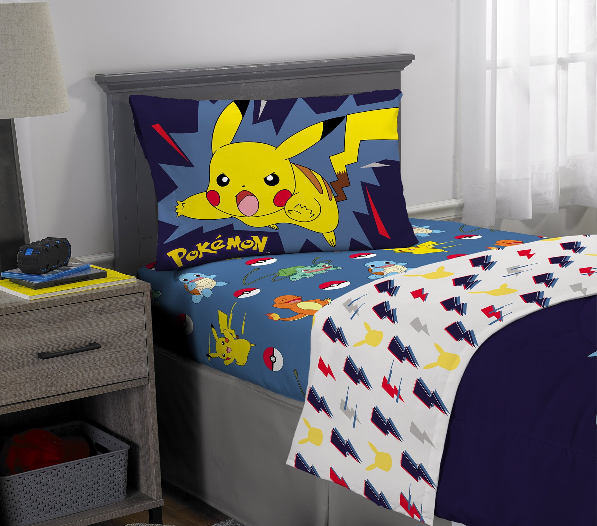 Pokémon Kids Comforter and Sham， 2-Piece Set， Twin/Full， Gaming Bedding， Reversible， Blue and Gray