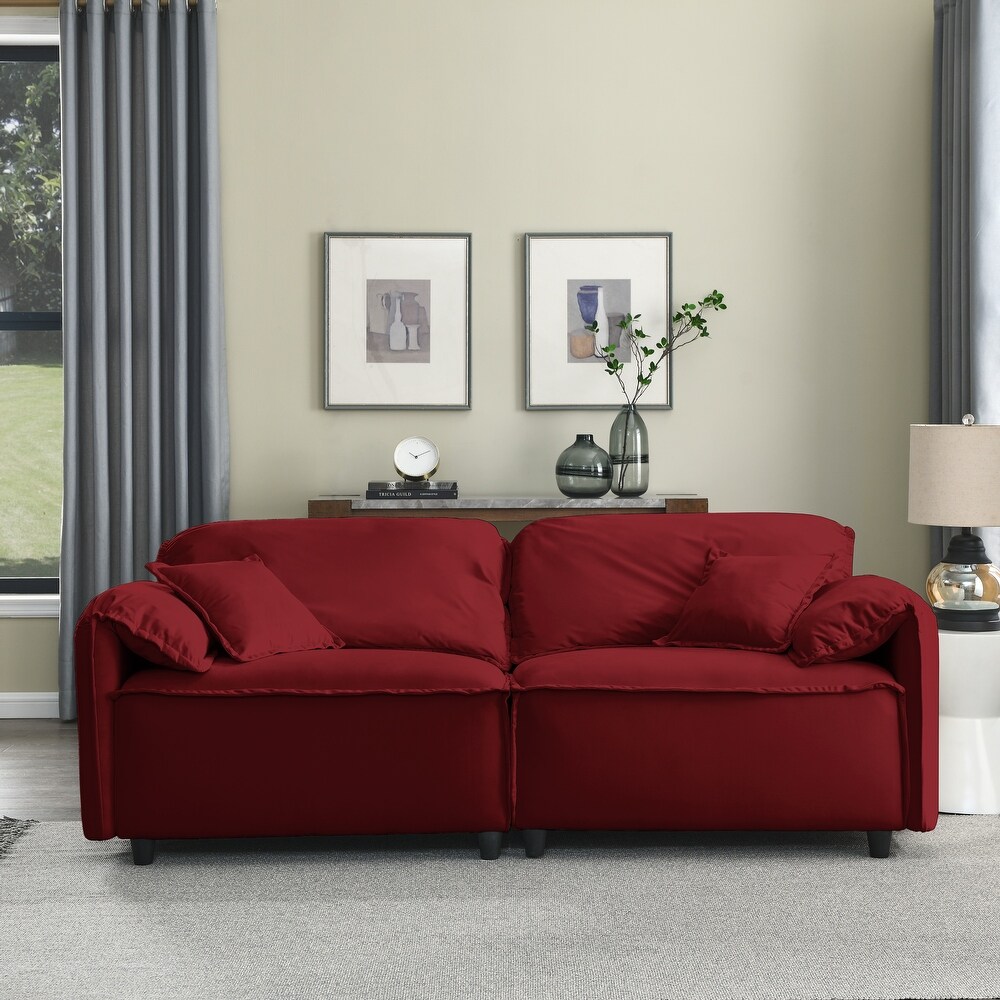 Red Velvet Upholstery Sofa Set 2 Pcs Pebbled Leather Couch w/ Pillows