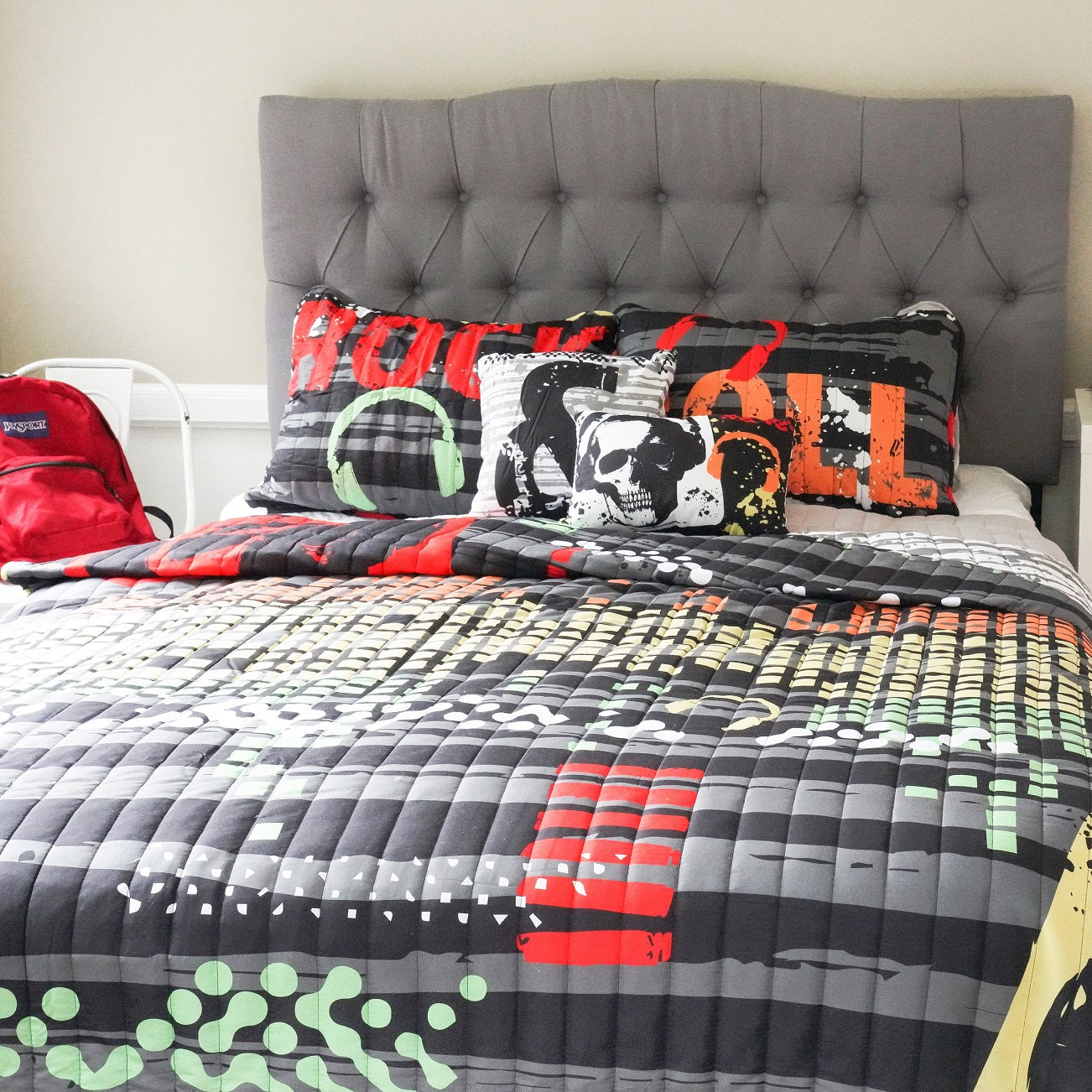 Bedding Bundle: Rock N Roll Quilt Set + Soft Stripe Coverlet Set