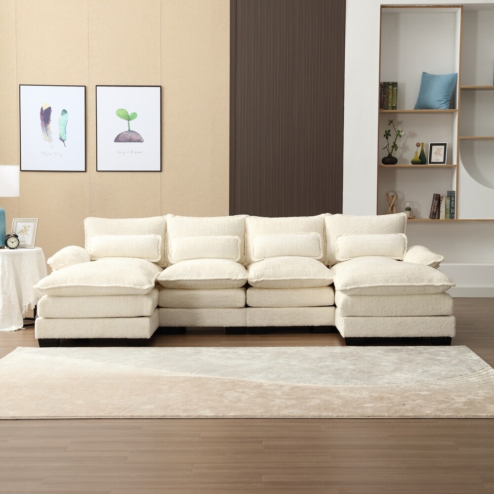 Beige Sectional Sofa Symmetrical Thick Cushion Reversible Recliner