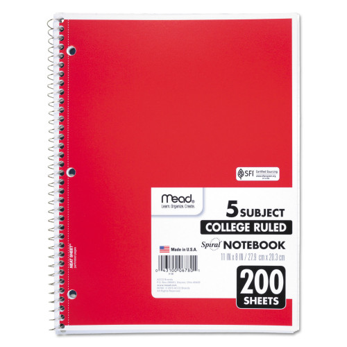 Mead Spiral Notebook， 5 Subjects， Medium/College Rule， Assorted Color Covers， 11 x 8， 200 Sheets (06780)