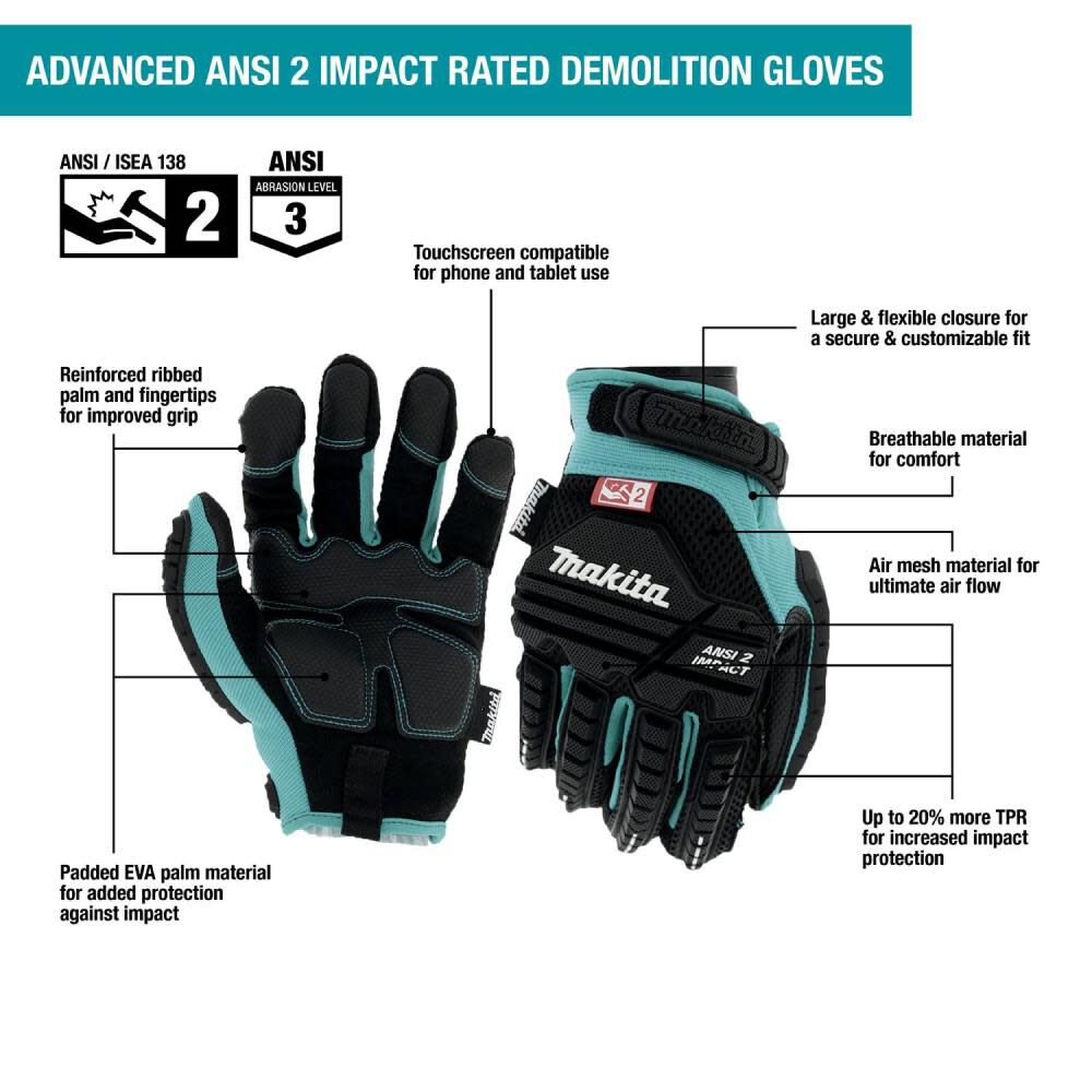 Makita Demolition Gloves Advanced ANSI 2 Impact Rated Large T-04282 from Makita