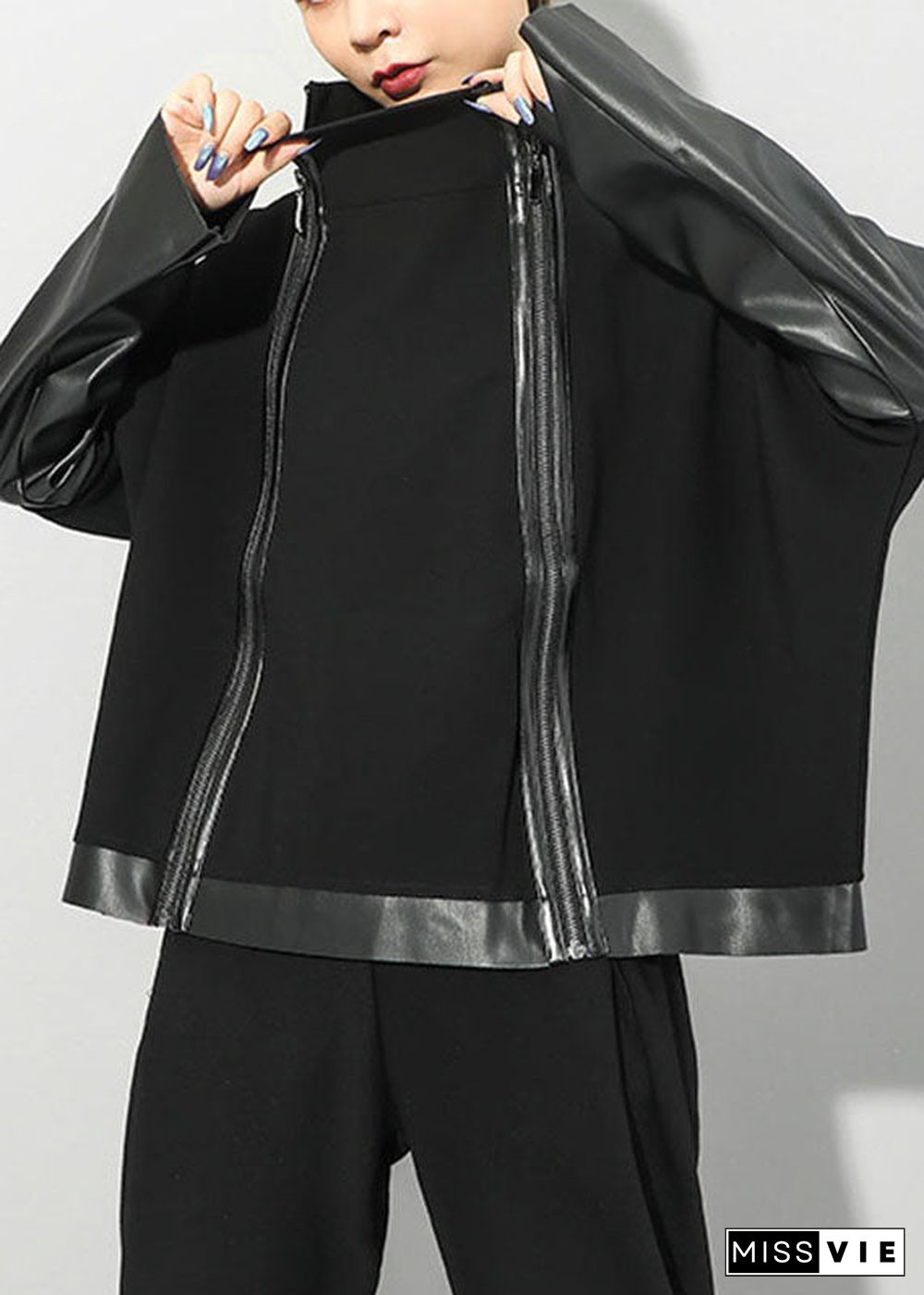 Simple Black Stand Collar Zippered PU Patchwork Fall Long sleeve Coat