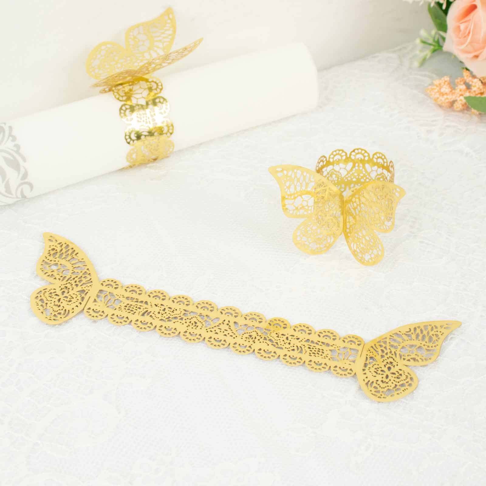 12 Pack Metallic Gold Foil Laser Cut Butterfly Paper Napkin Rings, Chair Sash Bows, Serviette Holders