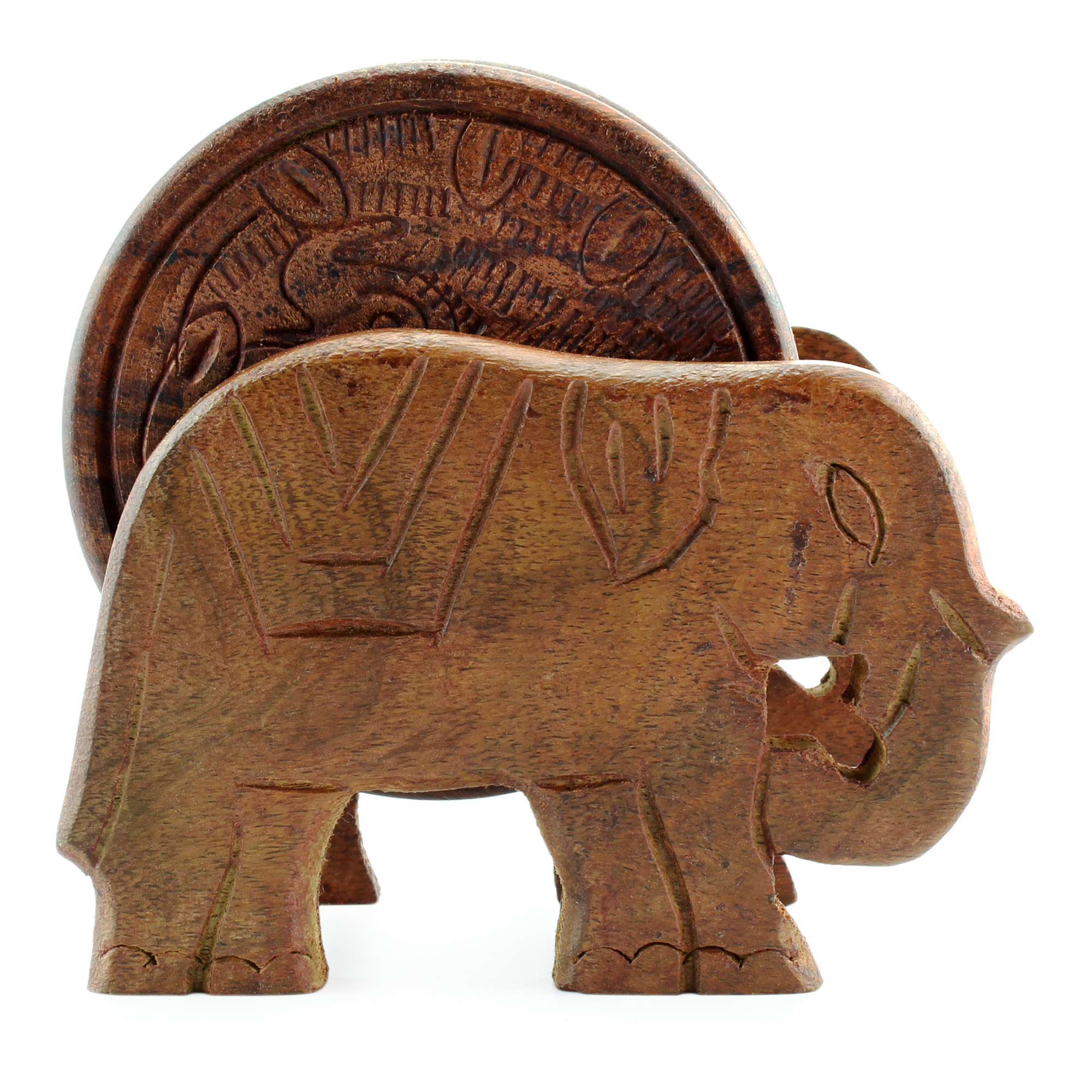 Elephant Design Wooden Coasters With Holder - set of 6， Handmade in India