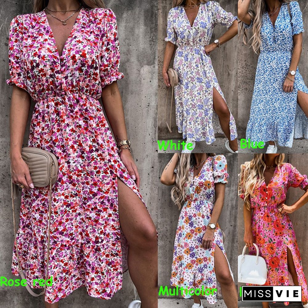 Women Summer Fashion V Neck Short Sleeve Print Long Dress Beach Boho Dress Split Ladies Dress