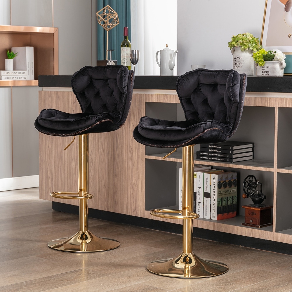 Set of 2 Bar Stools with Chrome Footrest and Base Swivel Height Adjustable