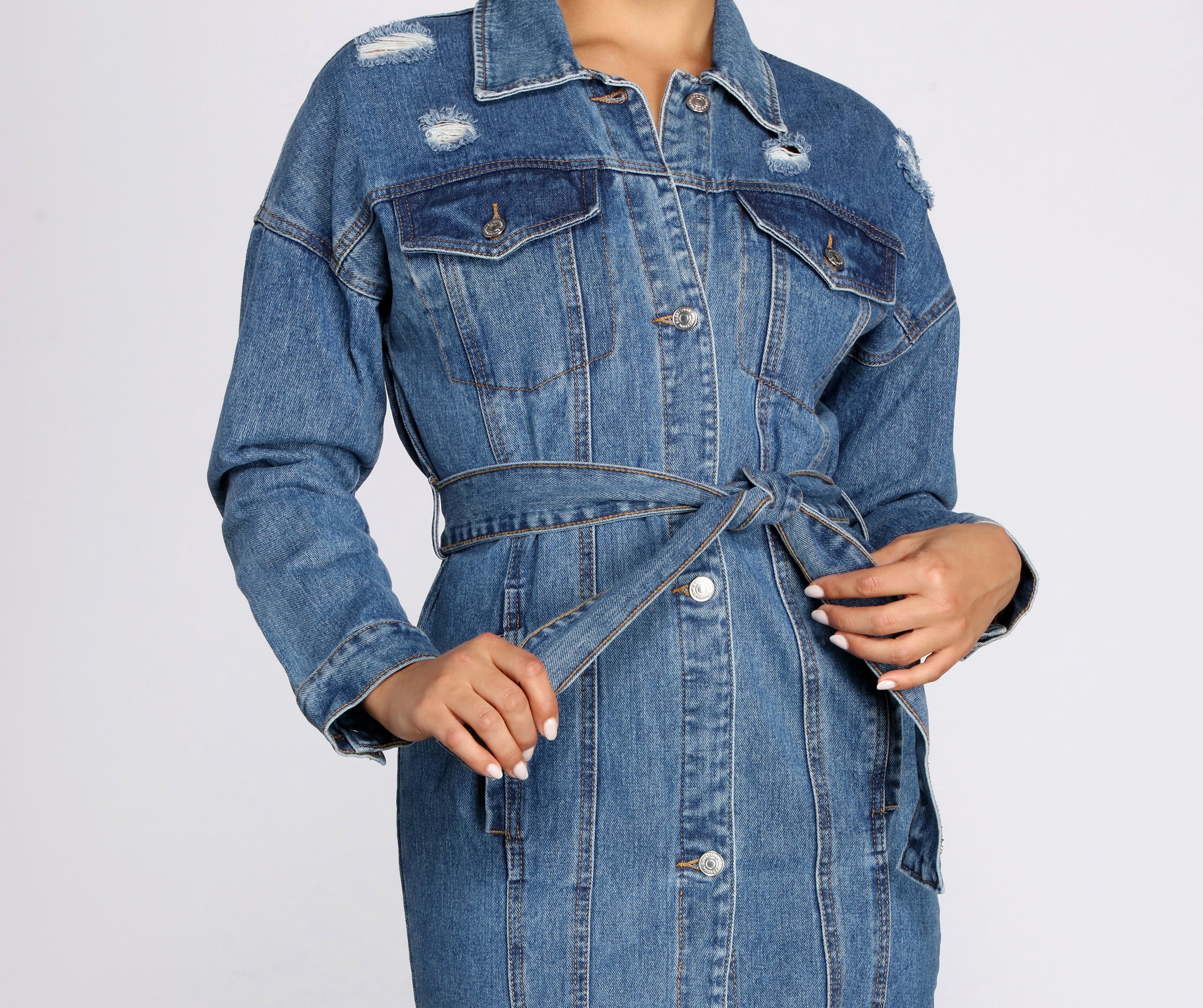 Be That Babe Belted Long Denim Jacket