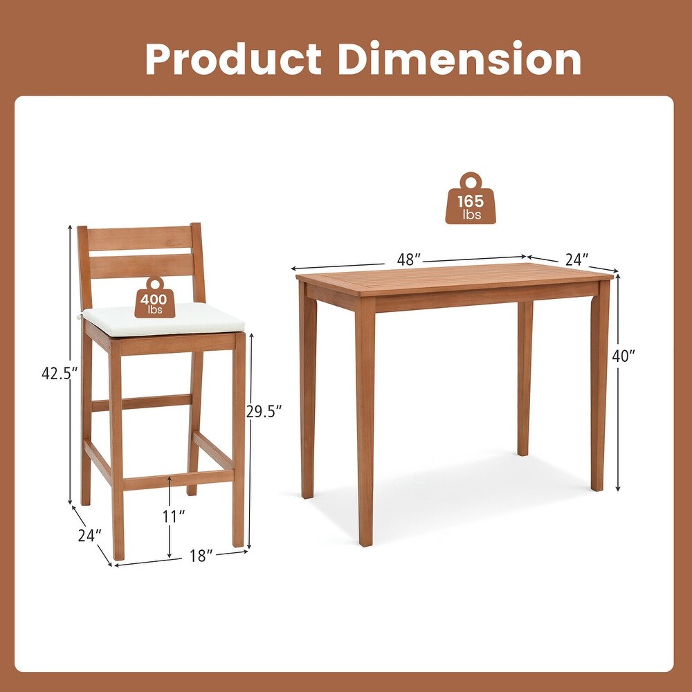 Gymax 3 Piece Outdoor Bar Set Patio Eucalyptus Wood Bar Height Table