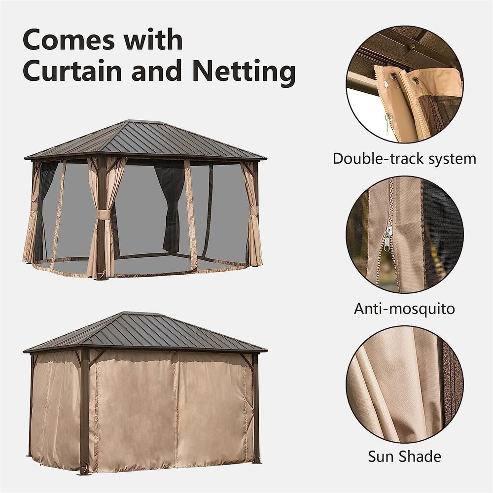 Outdoor Gazebo with Galvanized Steel Roof   Aluminum Frame  10ft x 12ft Pergola with Curtains   Netting for Backyard Dark Brown