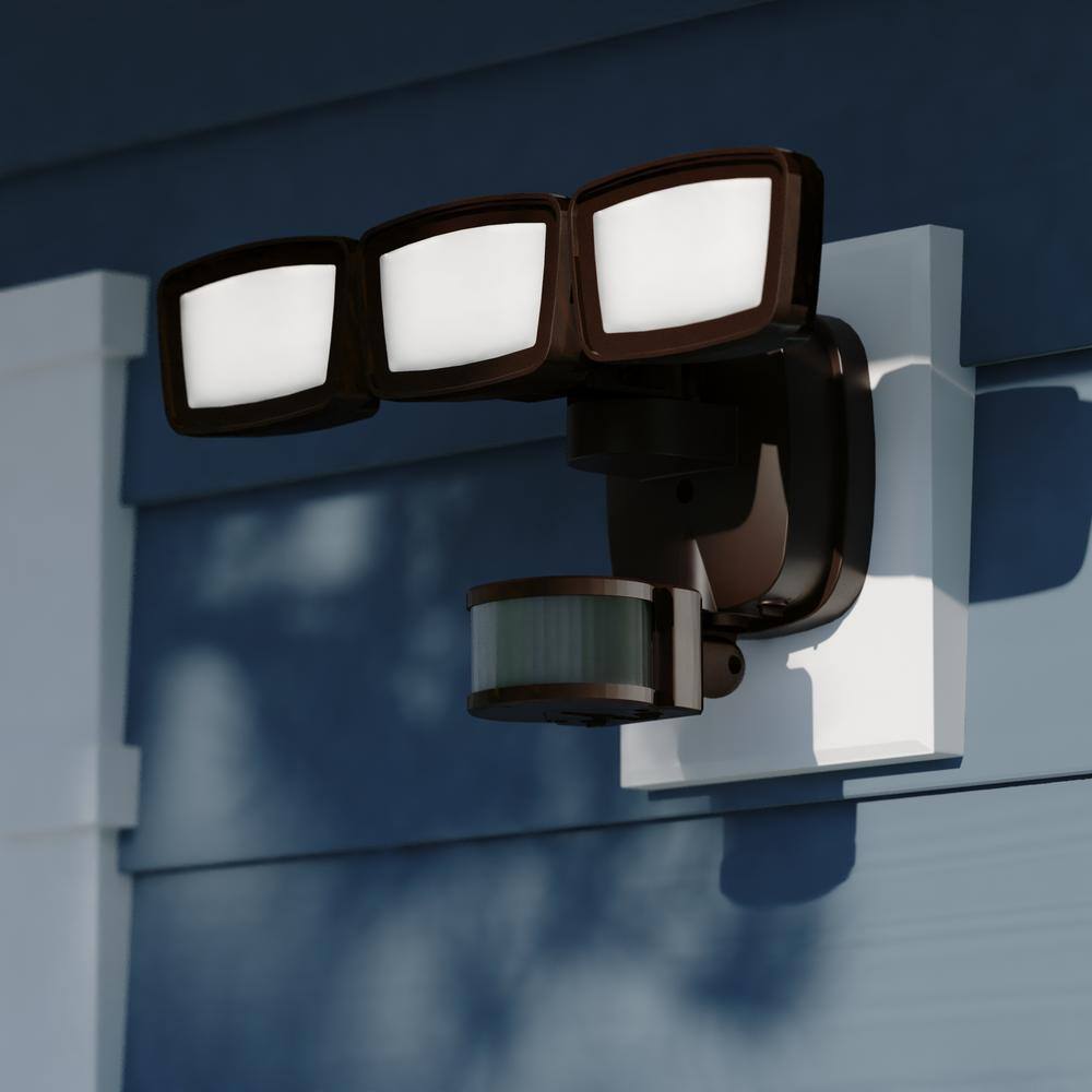 dualux Bronze Integrated LED Motion Sensor Dusk to Dawn 3-Head Outdoor Security Flood Light - 240-Degree - 85 ft. T0703