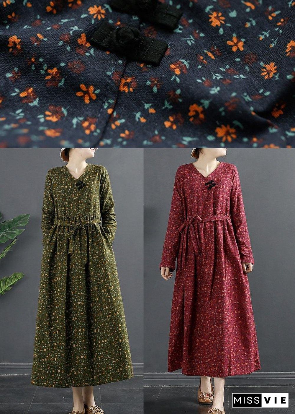 DIY Green Print Quilting Clothes V Neck Maxi Dresses