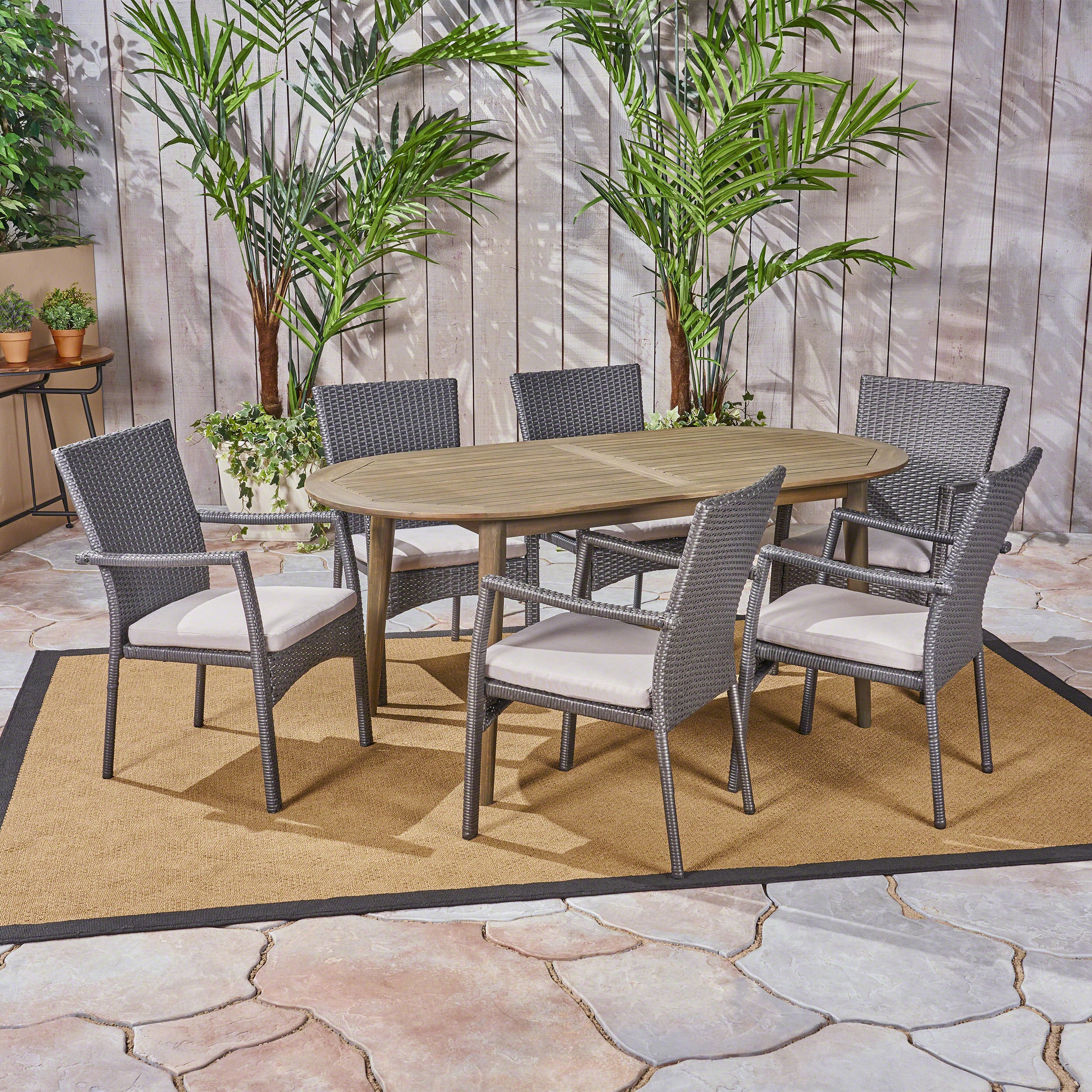 Stanfer Outdoor 7-Piece Acacia Wood Dining Set with Wicker Chairs