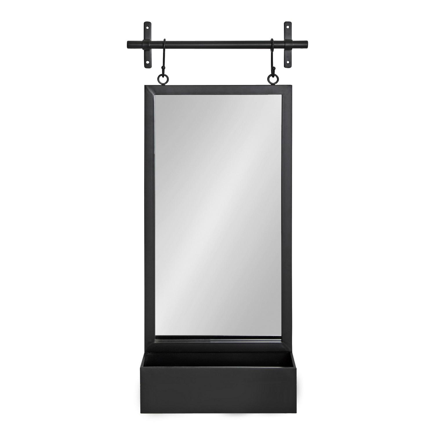 Kate and Laurel Gammons Metal Framed Wall Mirror With Storage Shelf， 18 x 39 ， Black， Hanging Barn Door-Inspired Accent Mirror