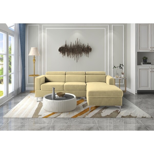 3 Seat Velvet Upholstered Sectional Sofa Adjustable Headrests with 6 Angle， Sofa and Chaise with Right Chaise and Metal Legs