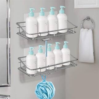 Cubilan Wall Mount Adhesive Stainless Steel Shower Caddy Shelf with Hooks in Silver 2-Pack HD-VB2