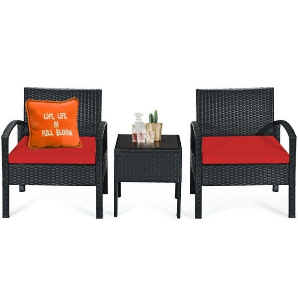 3 Pieces Outdoor Rattan Patio Conversation Set with Seat Cushions -  - 37563811