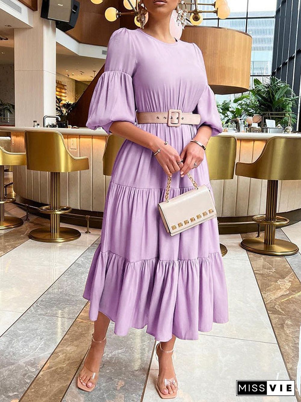 Women'S Dresses Solid Puff Sleeve Belt Ruffle Dress