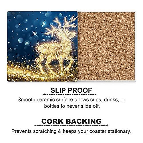 Colourlife Magic Deer And Flickering Lights Printed Square Ceramic Coaster For Drinks With Cork Base For Coffee Cups Place Mats For Home Decor Set Of