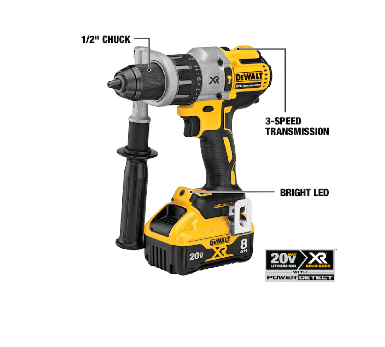 DEWALT DCD998W1 XR POWER DETECT 1/2-in 20-volt Max-Amp Variable Speed Brushless Cordless Hammer Drill (1-Battery Included)