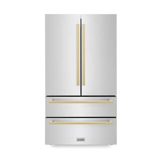 ZLINE Kitchen and Bath Autograph Edition 36 in. 4-Door French Door Refrigerator with Square Champagne Bronze Handles in Stainless Steel RFMZ-36-FCB