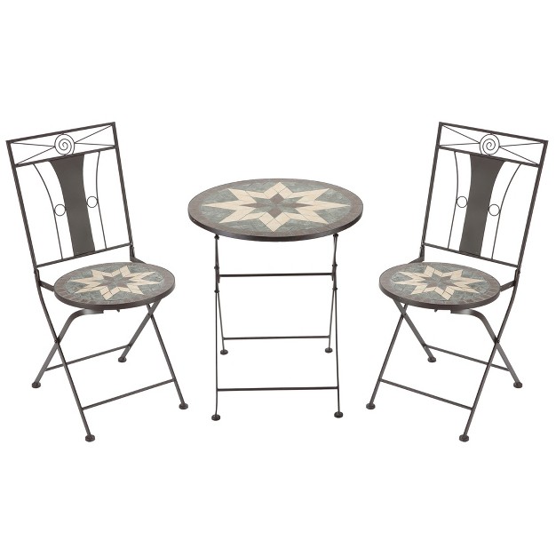 Outsunny 3 Piece Patio Bistro Set Metal Folding Chairs Foldable Outdoor Dining Table Stone Mosaic Pattern For Decor Poolside Porch Coffee