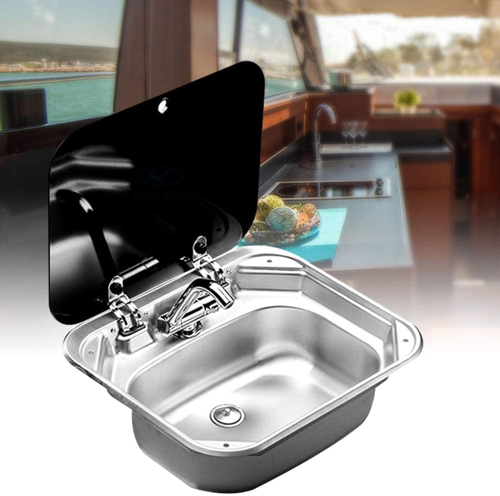 Caravan Sink, RV Caravan Camper Kitchen Basin Sink Stainless Steel with Glass Lid with Cold&Hot Faucet for RV Caravan Camper Boating