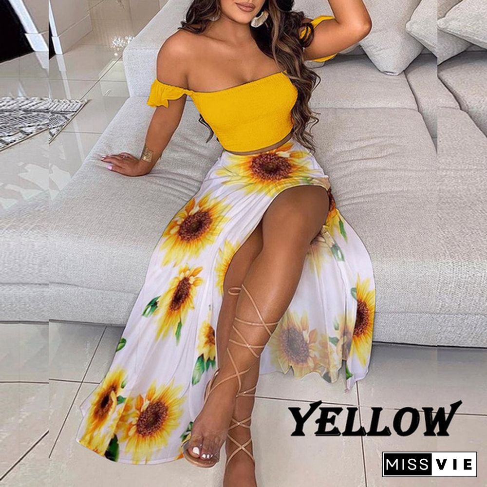 New Women's Sexy Tube Top Print Dress Split Long Skirt Summer Off-Shoulder Beach Dress Mini Skirt Set Plus Size