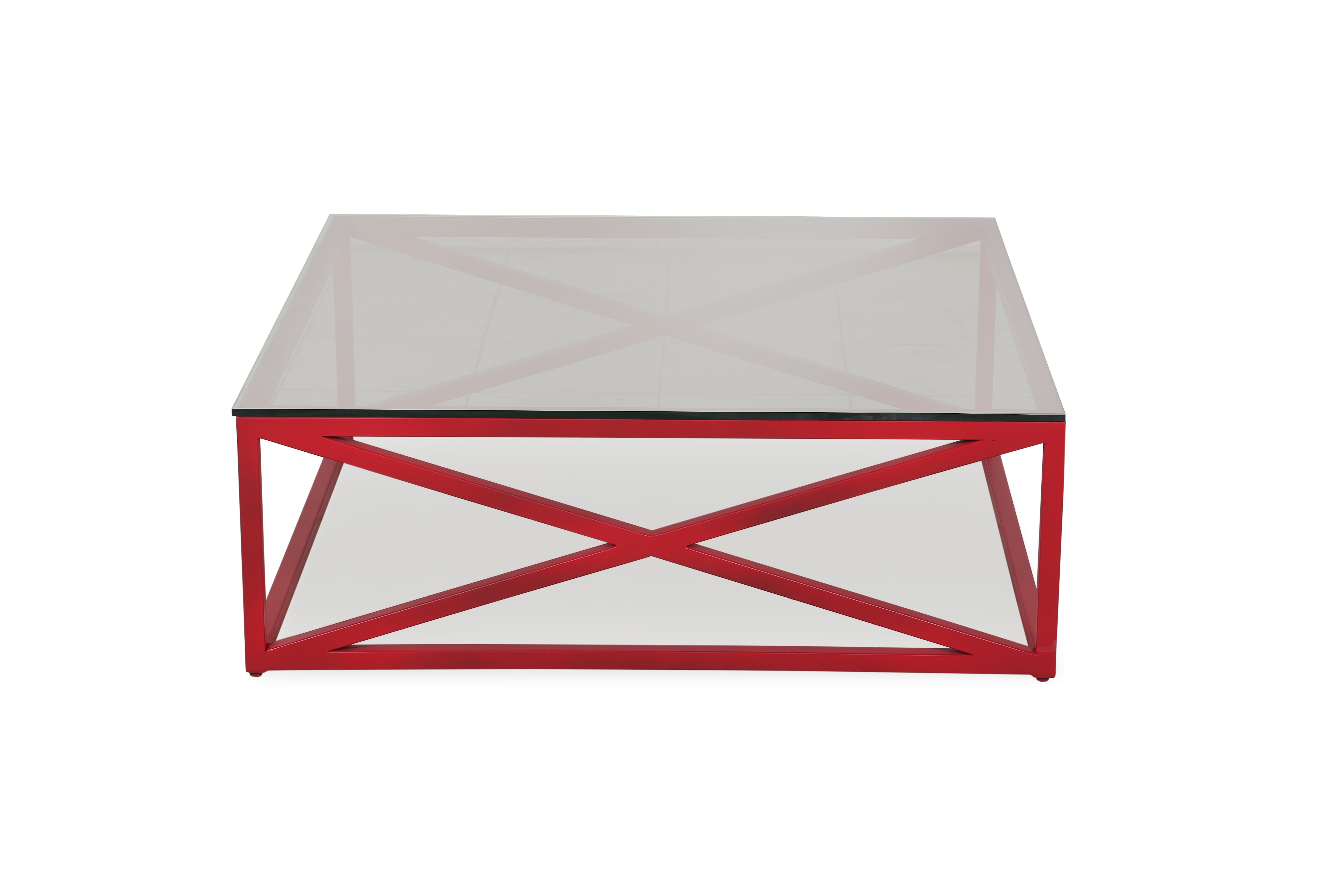 Posh Pollen Xavier Farmhouse Square Glass Coffee Table, Red/Clear