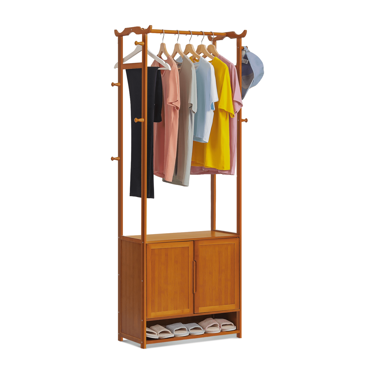 MoNiBloom Bamboo 3 Tiers Coat Rack with Door， Clothes Shoes Storage Shelf， Brown， for Bedroom