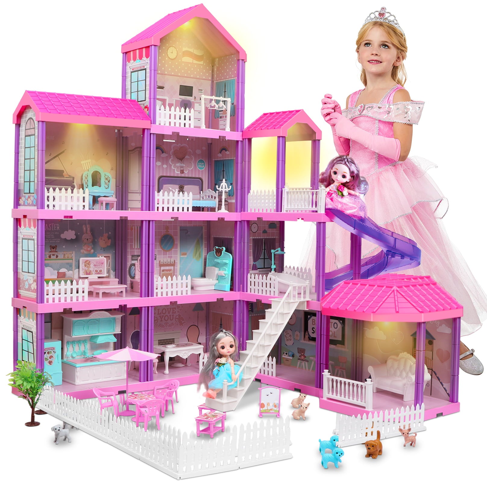 HopeRock 36 inch Dollhouse with Slide，Dolls and 11 Rooms，Creative Dollhouse Toys Gift for 3 to 8 Year Old Girls