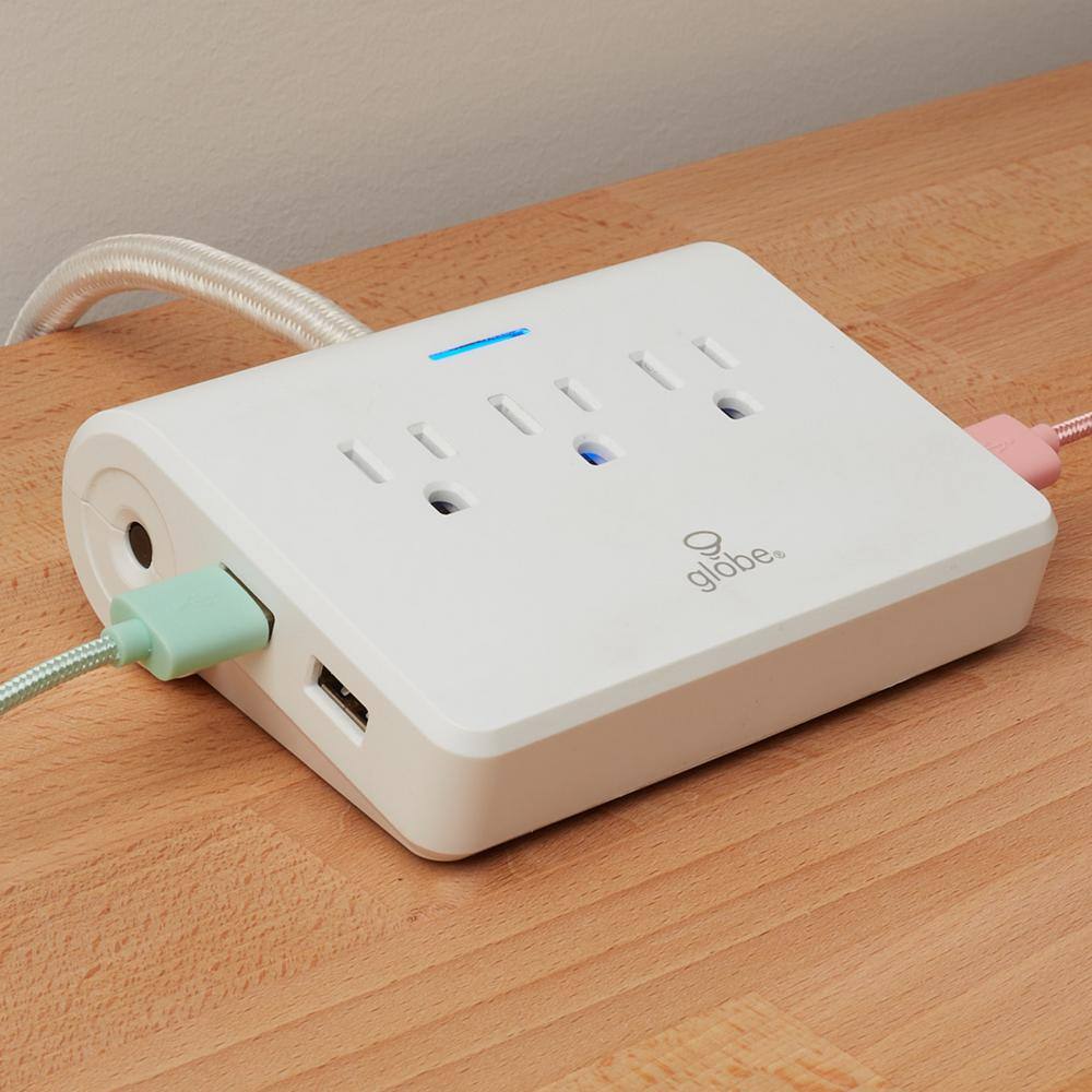 Globe Electric Designer 6 ft. 4 USB 3-Outlet Surge Protector Desktop Power Strip with Fabric Cord White 78428