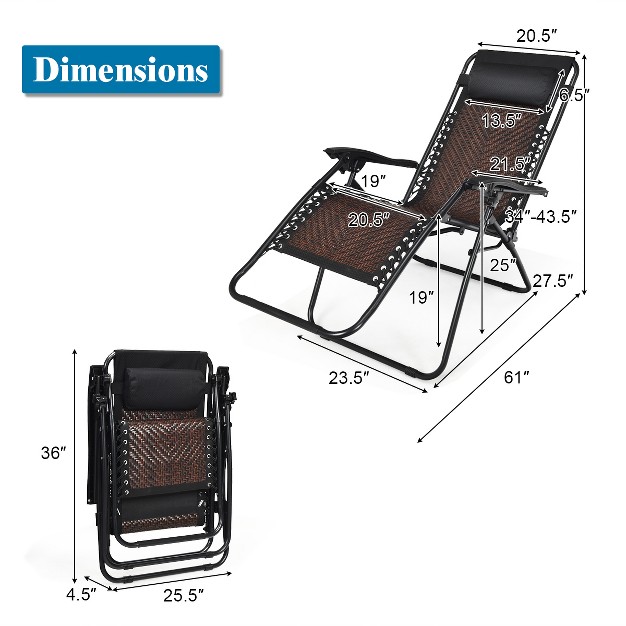 Tangkula Folding Recliner Patio Rattan Zero Gravity Lounge Chair With Headrest Brown