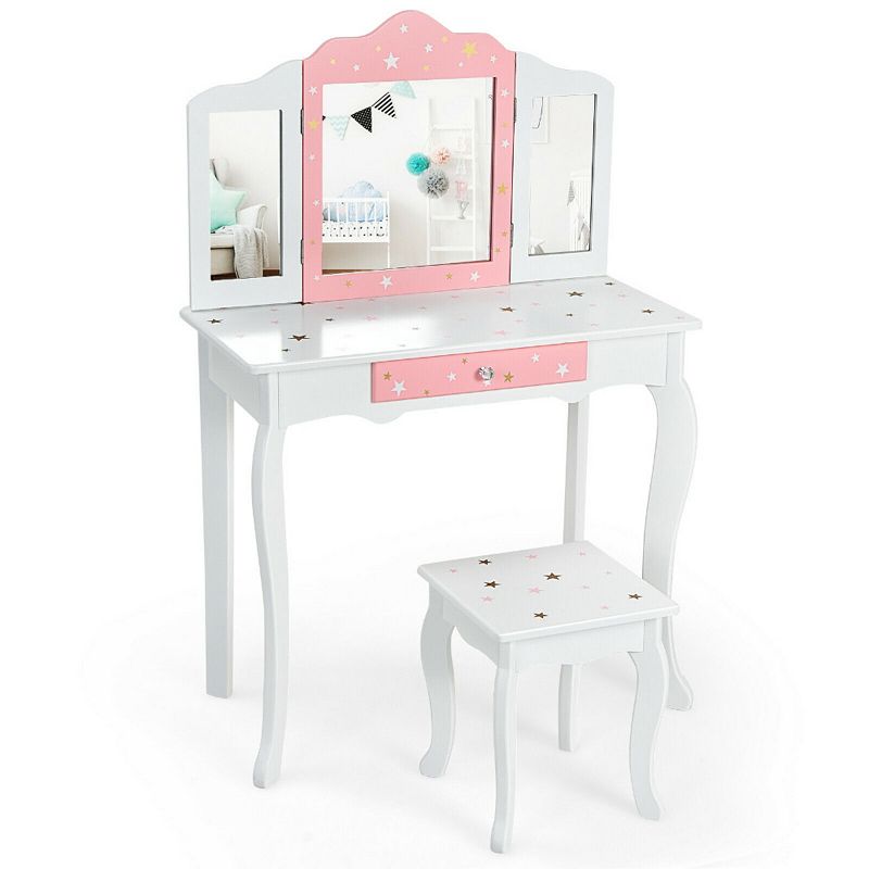 Kids Princess Vanity Table and Stool Set with Tri-folding Mirror and Drawer