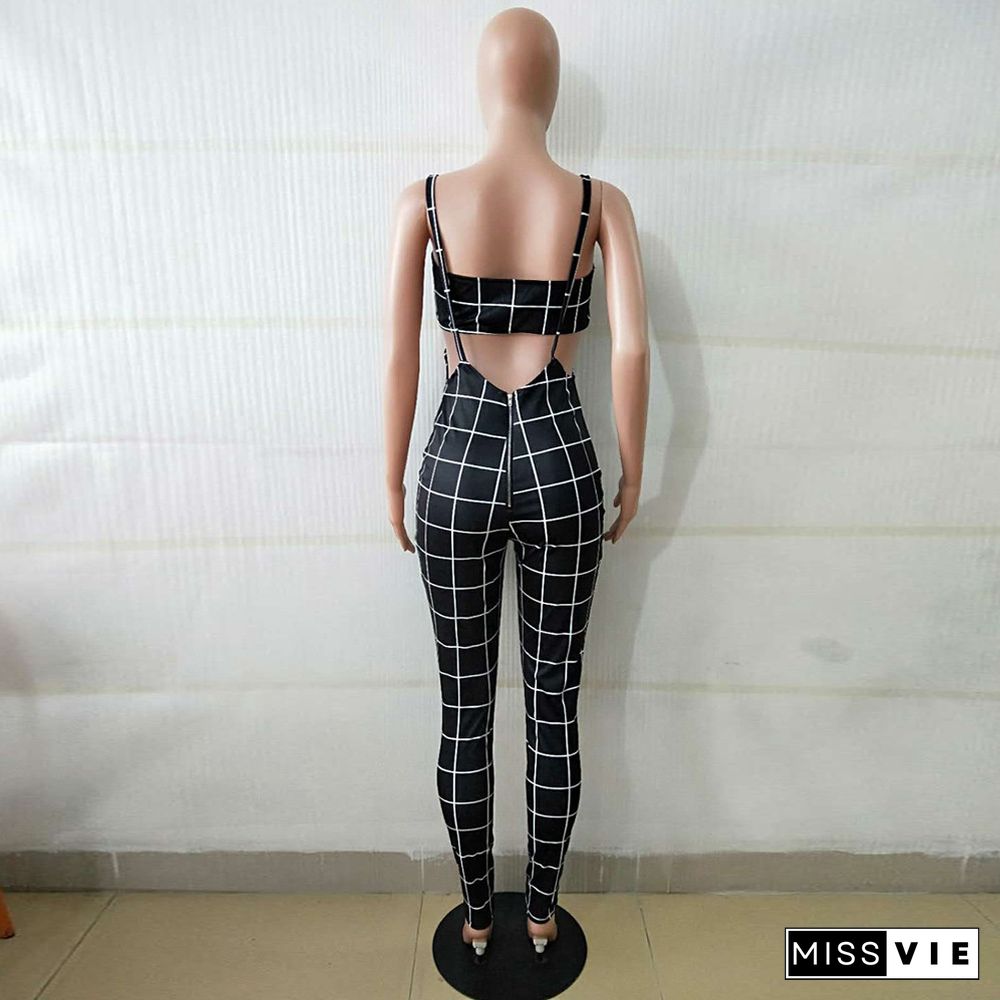 Plaid Strapless Crop Top+Skinny Jumpsuit Matching Sets