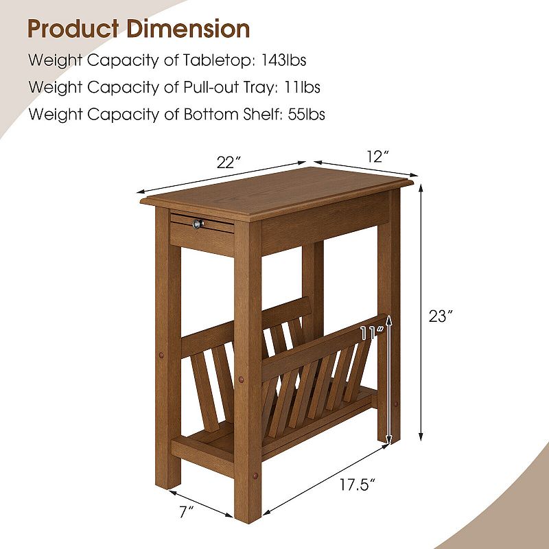 2-Tier End Table with Pull-out Tray and Solid Rubber Wood Legs