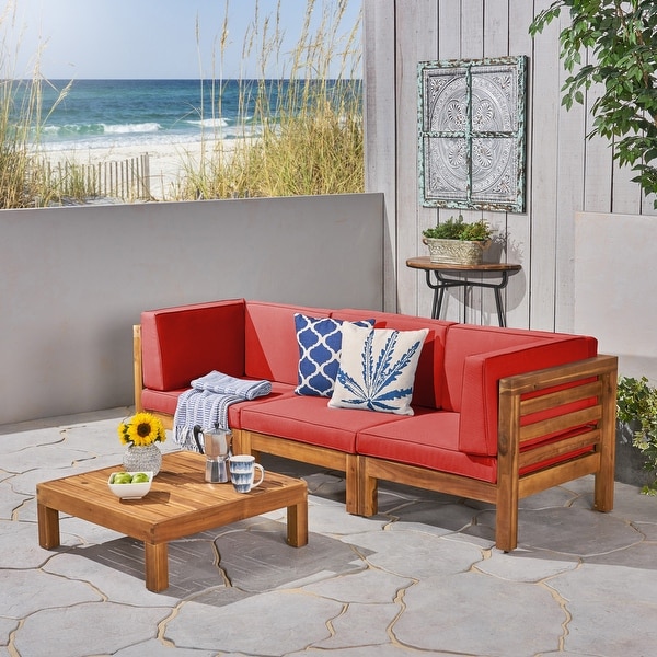 Oana Outdoor 3Seater Acacia Wood Sectional Sofa Set with Coffee Table by Christopher Knight Home