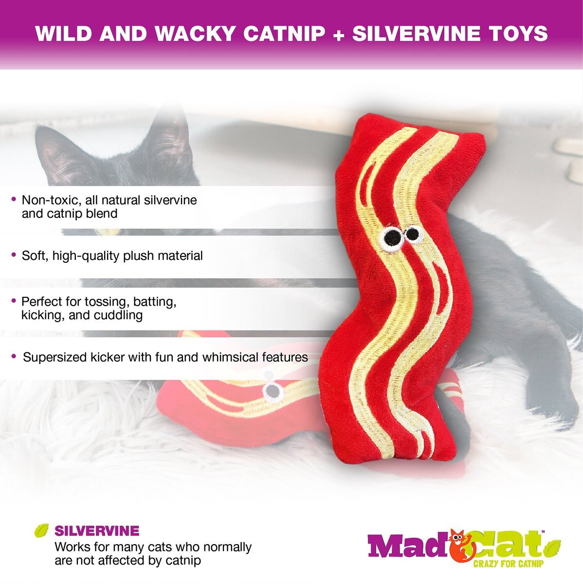 Mad Cat Big Bacon Kicker Catnip and Silvervine Cat Toy