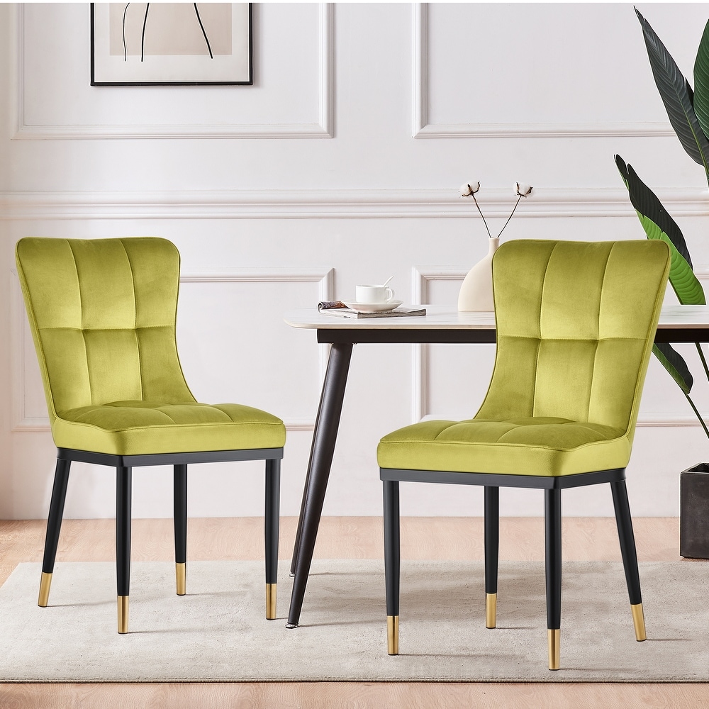 Velvet Upholstered Dining Chairs with Checked Pattern   Metal Legs