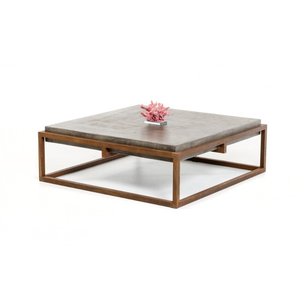 Square Shape Rustic Steel Framed Coffee Table with Concrete Top ， Brown and Gray