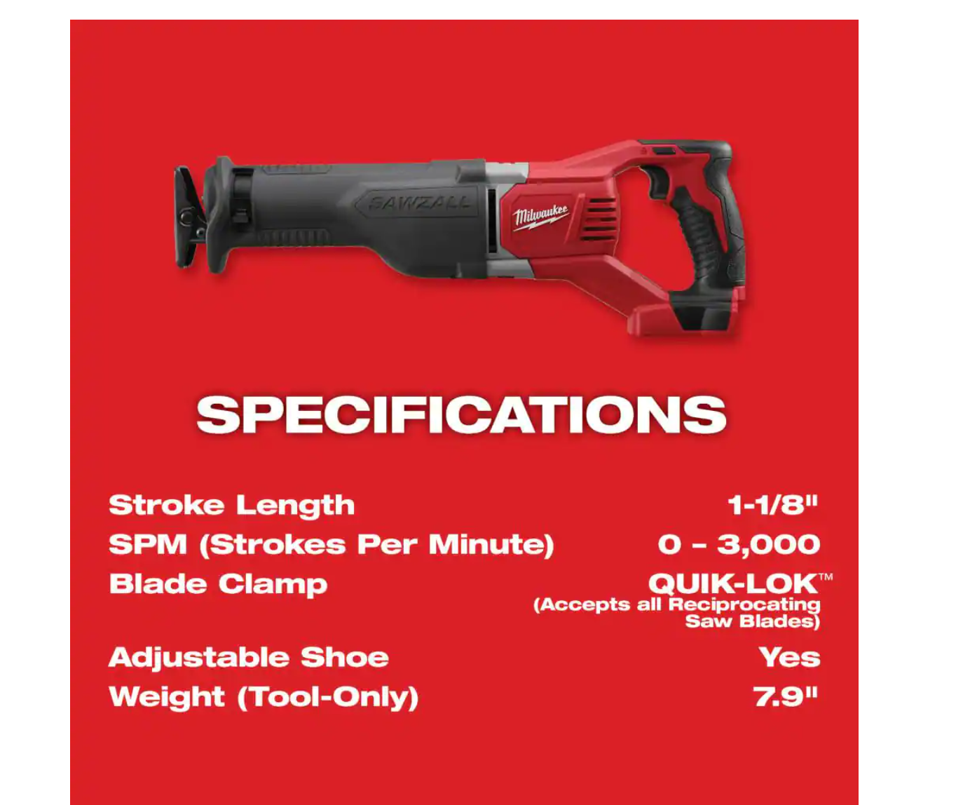 Milwaukee 2621-20-48-11-1837 M18 18V Lithium-Ion Cordless SAWZALL Reciprocating Saw with Two 3.0Ah Batteries