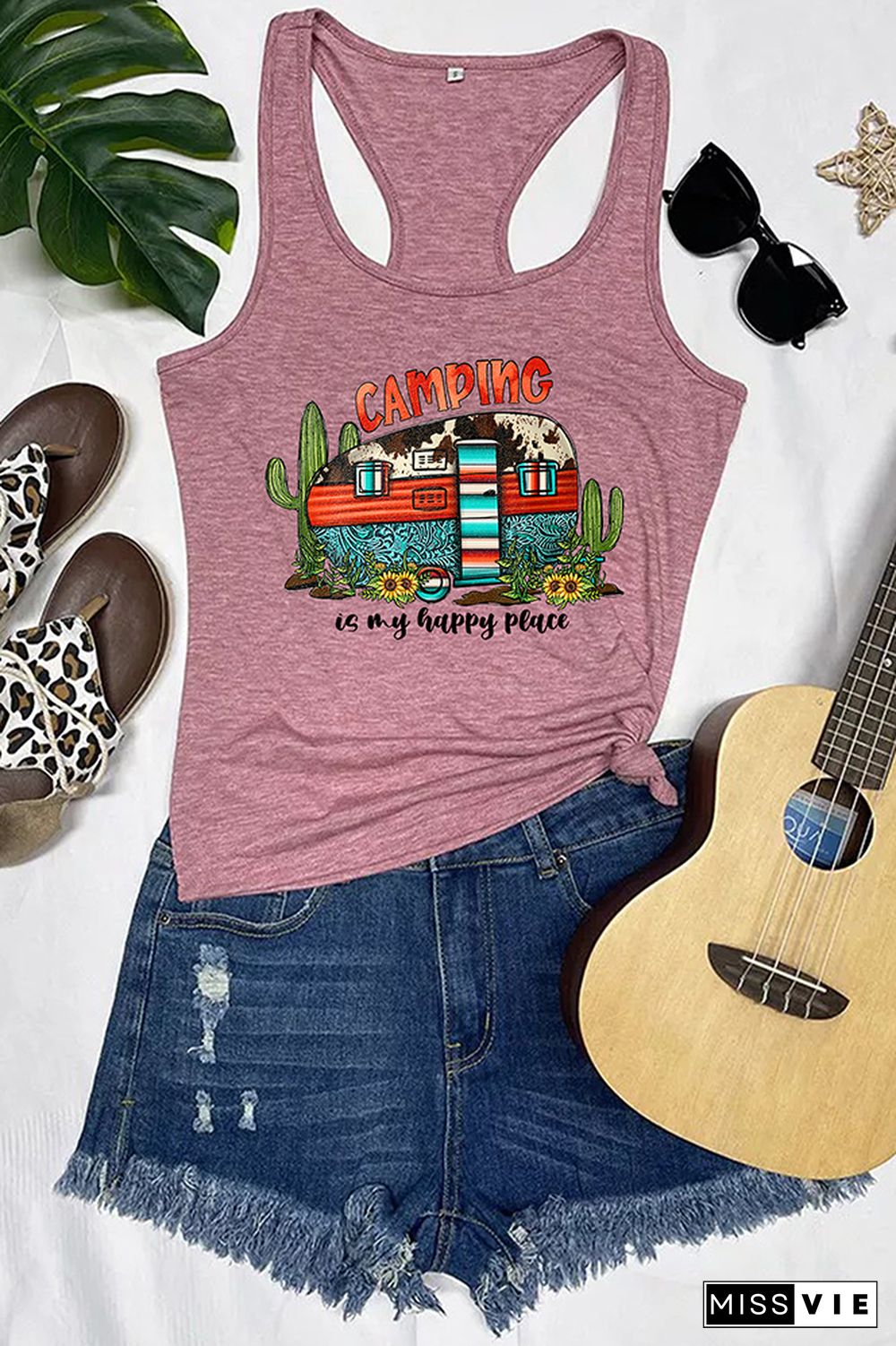 Camping is My Happy Place Printed Sleeveless Tank Top Wholesale