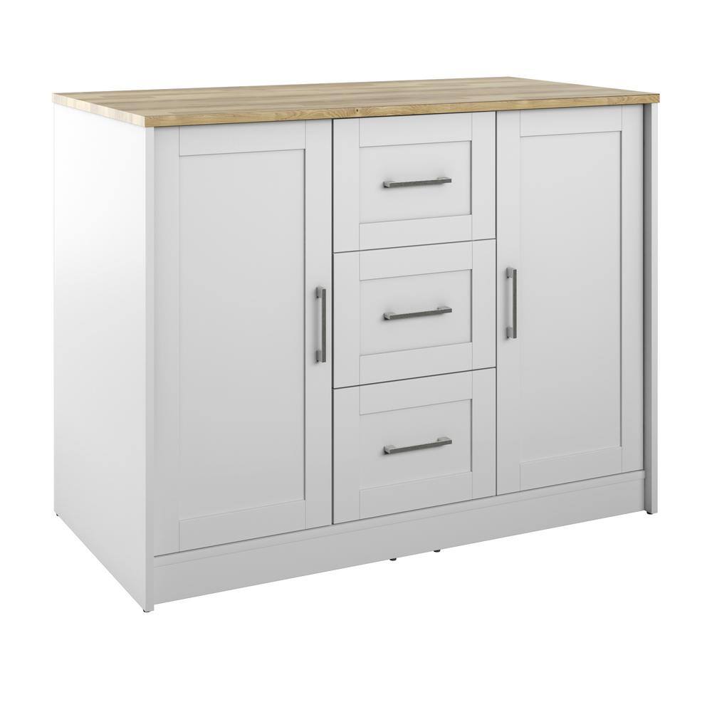 Twin Star Home Brilliant White Wood 45.5 in. Traditional Kitchen Island with Butcher Block Top KI972-PF08