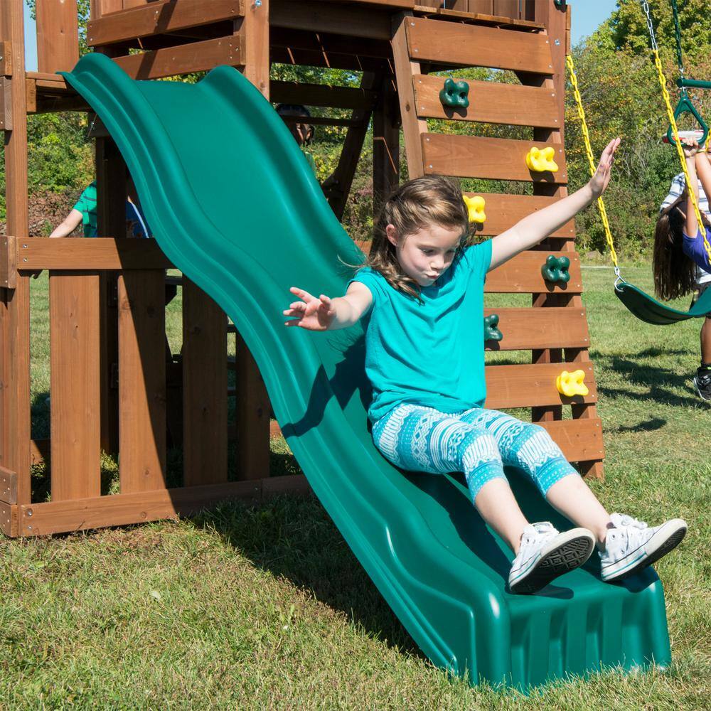 Swing-N-Slide Playsets Elkhorn Ready-To-Assemble Outdoor Wooden Playset with Slide Rock Wall Swings and Backyard Swing Set Accessories WS 8357