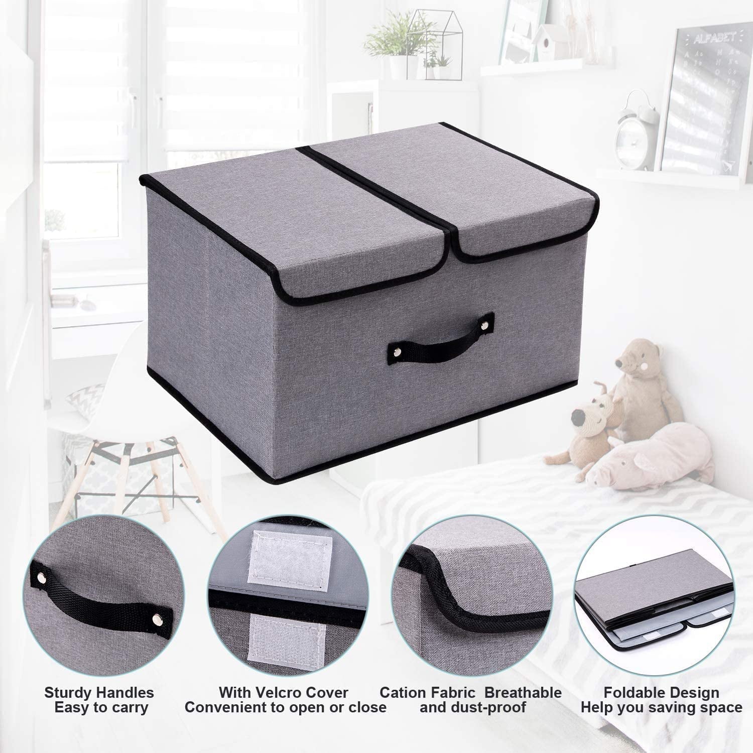 DIMJ Storage Bins with Lids, 2Pcs Large Foldable Fabric Closet Organizer Storage Boxes with Handle, Divider, Stackable Storage Basket for Shelf, Bedroom, Office, Nursery, Toys, Clothes, Books