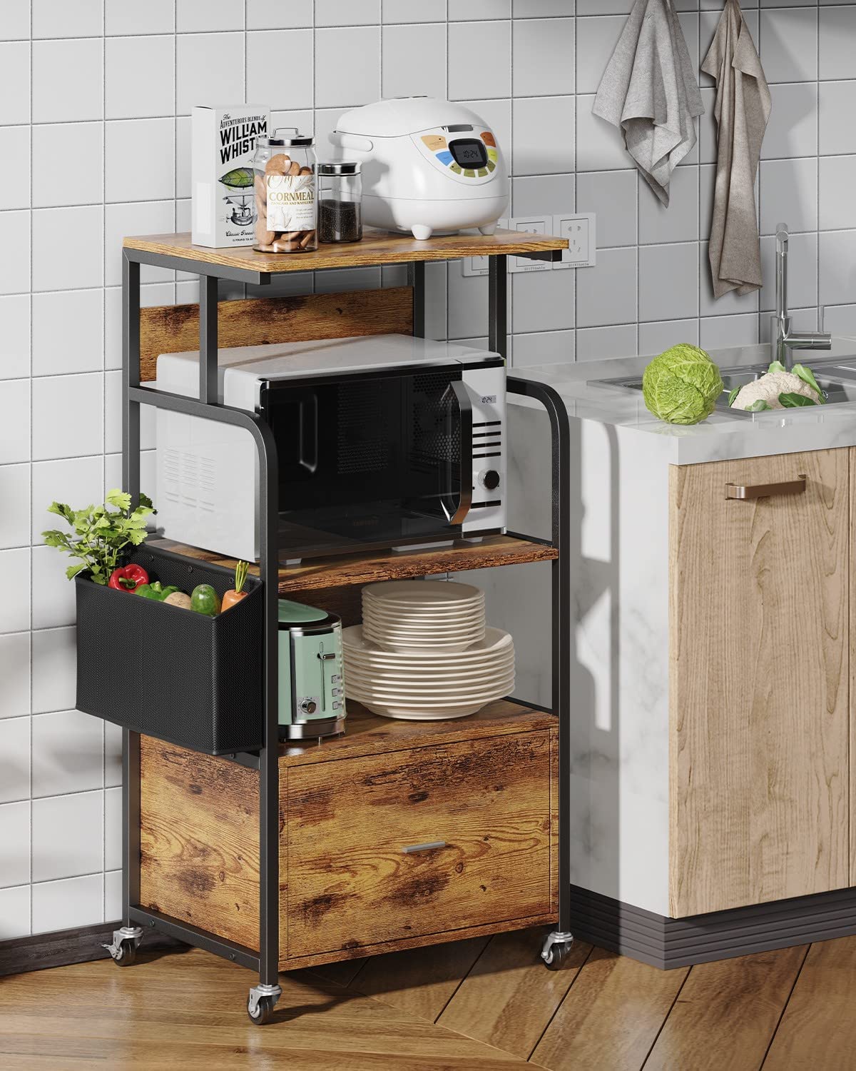 Aiho 3 Tier Kitchen Storage Stand with Drawer， Storage Bag - Retro