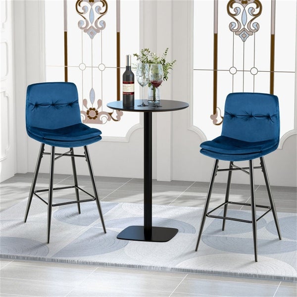 Velvet Bar Stools Set with Tufted Back and Footrests (Set of 2)