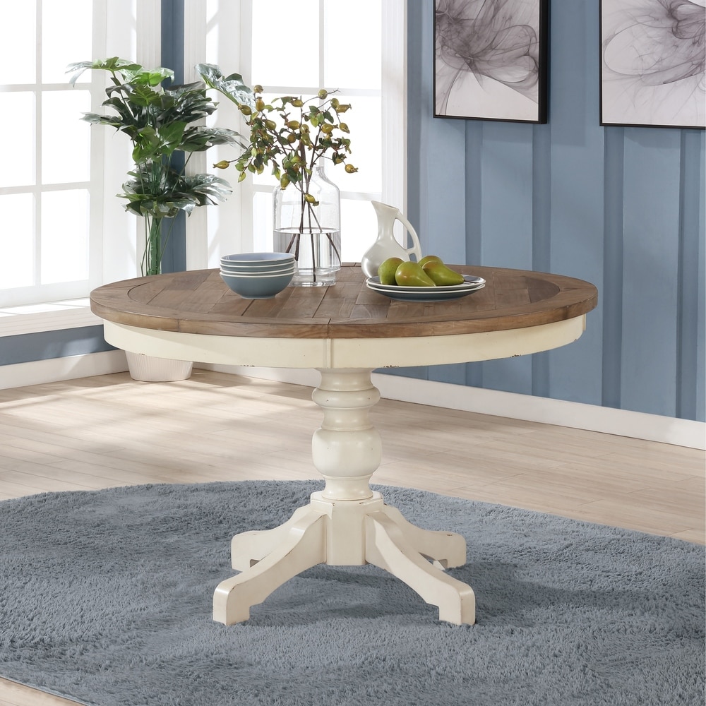 Roundhill Furniture Prato 5 Piece Round Dining Table Set with Cross Back Chairs  Antique White and Distressed Oak